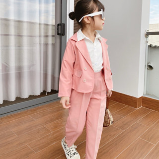 Set áo vest + quần ngố kèm áo sơ mi màu hồng phấn cho bé gái size 7-35kg