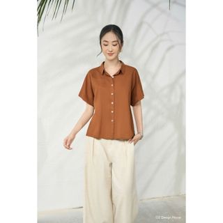 Áo sơ mi nữ OZ Design House AO06617SUM24 linen tơ cổ Đức cộc tay nâu tây caramen
