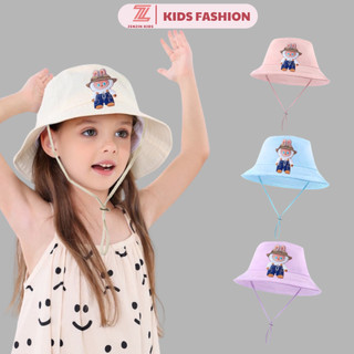 Mũ cho bé hoạ tiết Labubu bé trai bé gái từ 3-6 tuổi có dây chống bay nón bucket trẻ em unisex vành tròn rộng chất kaki