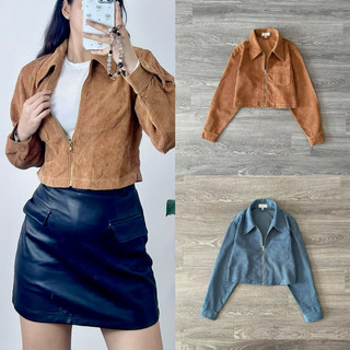 HIPU.VNXK - Áo khoác hobbs croptop nhung tăm có khoá kéo.