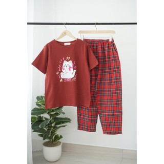  Sét bộ nữ quần dài caro Áo ngắn tay in hình ALICE đồ bộ nữ mặc nhà mặc ngủ chất thun cotton quần caro dài mềm mát 