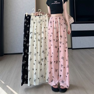 Quần ống rộng nữ vải đũi rách họa tiết  bướm đính đá lưng cao