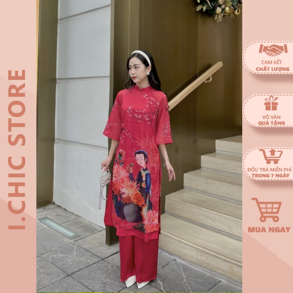 Áo Dài Cách Tân Dáng Suông Tân Xuân Hoa Thược Dược Dáng Suông Nhẹ Nhàng 4 Tà Cao Cấp ICHIC