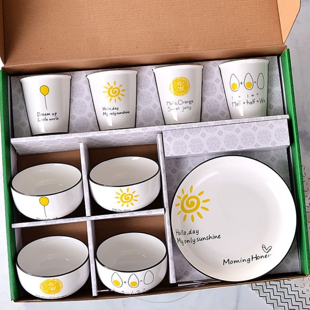Bộ ly chén đĩa 9 món hoạ tiết mặt trời gốm sứ chịu nhiệt Set bát cốc đĩa họa tiết mặt trời vàng 9 món