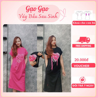 Váy Bầu Mặc Nhà, Đầm Cho Con Bú Sau Sinh Thun Cổ Tròn In Hình Nhiều Màu Chất Co Giãn Có Khóa VT25 VS02