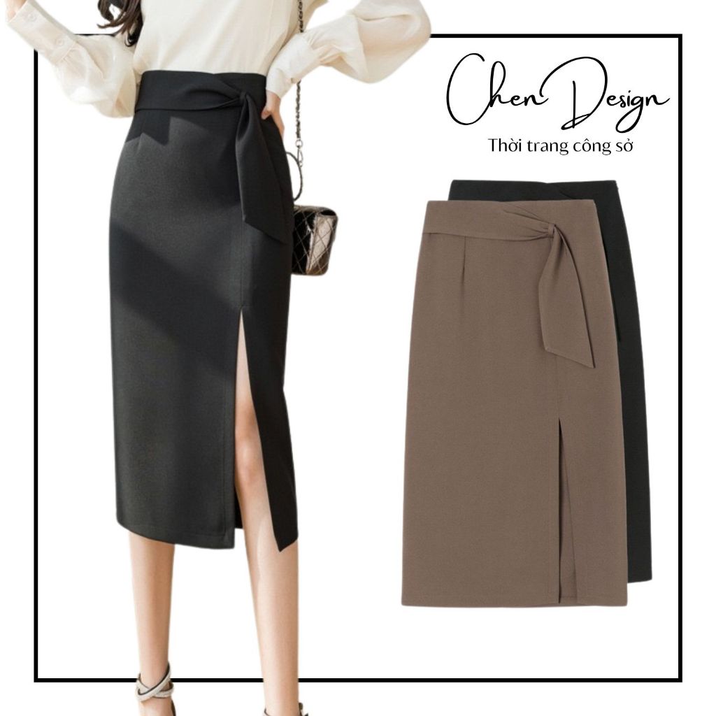 Chân váy xẻ tà 70cm NH50 - Váy dài xẻ tà - Váy lệch tà dáng dài, có vạt đai, vải mềm mát, khóa sau l