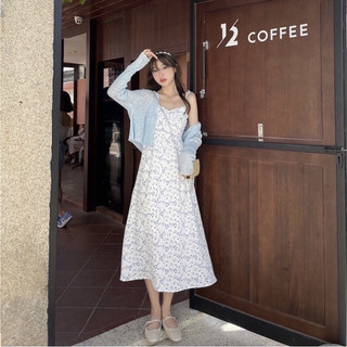 [2ndhand]👗 Set Váy Midi Dài Mua Hè Họa Tiết Xanh
