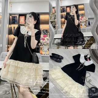 Váy Đầm Nữ Babydoll Đuôi Cá Phối Chân Bèo Tầng 2 Lớp ,Váy Cổ Bèo Đính Đá Thắt Nơ Size S M - Váy Chân Tơ Tầng Cổ Đá