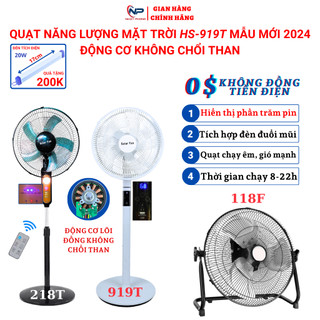 Quạt năng lượng mặt trời,quạt tích điện 919T mẫu mới 2024,điều khiển,báo pin,động cơ không chổi than,cổng usb Củ sạc220V