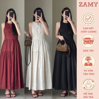 Váy đầm nữ, váy sát nách nữ dáng dài xếp ly ngực chất Linen cao cấp Zamy thiết kế đi chơi, đi tiệc