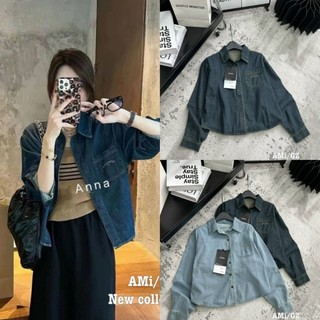 Áo sơ mi jean nữ dài tay phối túi ngực thêu size s m - halinh shop - áo jean nữ cổ sơ mi dáng suông túi ngực thêu chữ