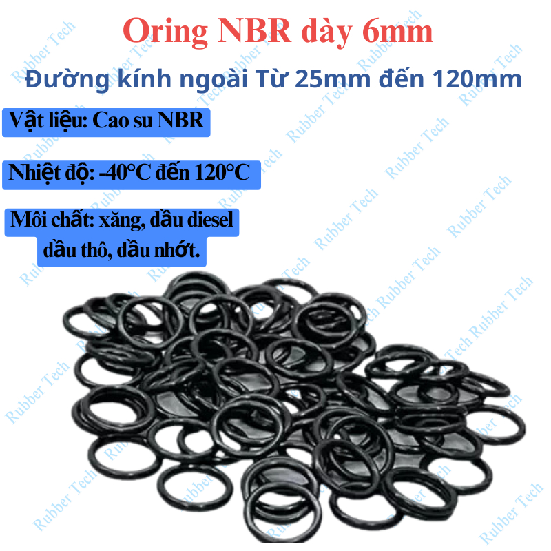 Gioăng cao su Oring NBR,Dày 6mm,Đường kính ngoài 25 mm đến 120mm