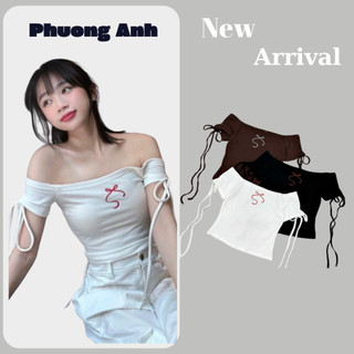 Áo trễ vai thêu nơ chất cotton co giãn hàng quảng châu