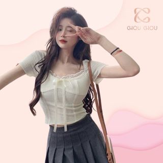 Áo brandy cộc tay dáng ngắn phối nơ DELIZ, croptop dành cho nữ phong cách bánh bèo CHOUCHOU