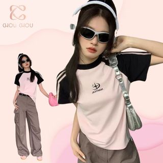 Áo baby tee dành cho nữ màu hồng dáng ôm ngắn tay DELIZ phong cách hàn quốc in hình ChouChou
