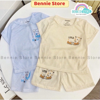 Bộ ngắn tay cho bé 4-14kg, Bộ cộc tay cotton giấy cài vai kẻ ngang Noubaby