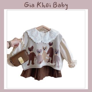  Set 3 chi tiết áo len gile kèm chân váy nâu cho bé gái Gia Khoi Baby set áo len gile kèm chân váy cho bé gái 