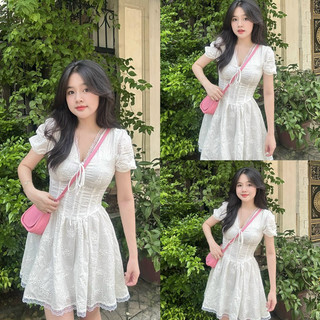 Váy-đầm thô ren boi cổ v viền ren thắt nơ”darling dress” tiểu thư