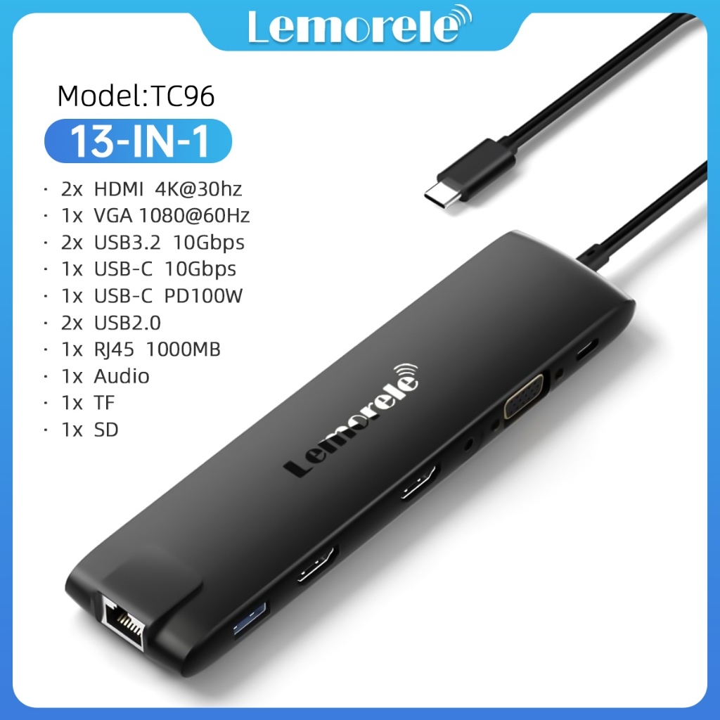 Cổng chia  Docking Station  USB C 13in1 Lemorele TC96 +2 cổng HDMI+ LAN+VGA+SD/TF cho macbook và nhi