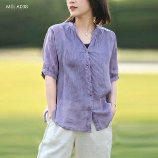 Áo sơ mi linen ngắn tay KAMAKA cổ đứng xẻ V in loang màu nước - A008