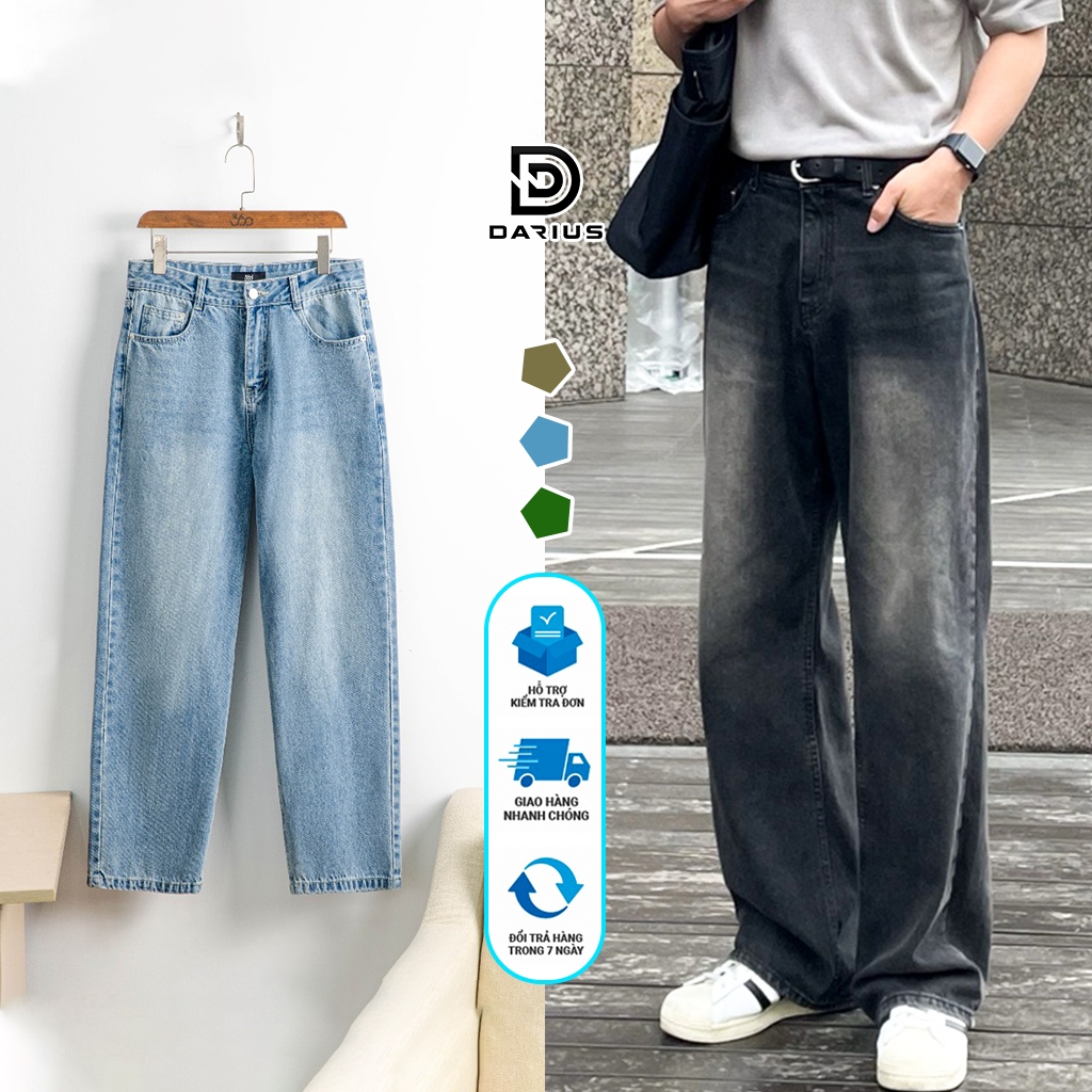 Quần jean bò baggy nam Xanh RETRO ống rộng xuông cạp cao Quần bò nam dáng suông Darius Shop
