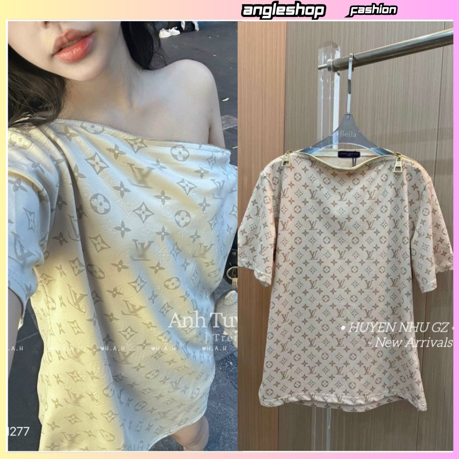 Áo trễ vai nữ có khoá form dáng rộng, hoạ tiết sang chảnh dễ mix đồ