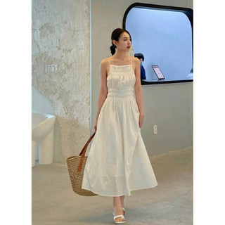 Kim Clothing - Đầm linen trắng đen hai dây nhúng thun bo eo dáng xoè dài dành cho nữ