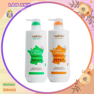 Cặp dầu gội Wellabs Collagen & Biotin 930ml Chống gàu kích thích mọc tóc Dưỡng ẩm Kiềm dầu Phục hồi hư tổn