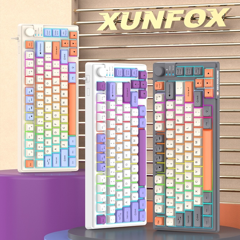 Bàn phím văn phòng chống ồn XUNFOX K81 led nền rainbow 81 phím silent kèm theo nút vặn chỉnh âm lượng và đèn led | BigBuy360 - bigbuy360.vn