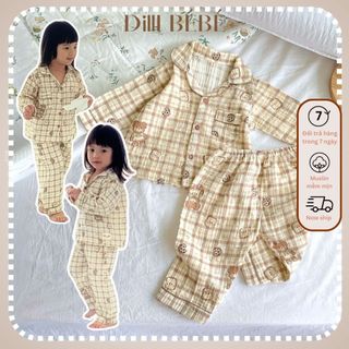 Đồ bộ ngủ áo quần Pijama tay dài quần dài cho bé trai bé gái trẻ em sơ sinh vải Muslin Gấu Mini - Dilli Bebe