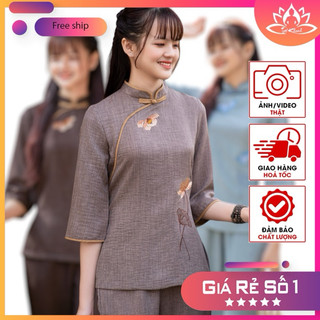 Đồ lam đi chùa nữ đũi Vân Mây thêu sen quạt