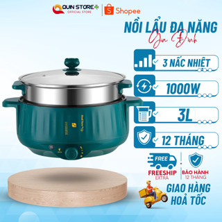 Nồi Lẩu Điện Mini 26CM, Chống Dính Vân Đá Cao Cấp Công Suất 1000W - Bếp Lẩu Tiện Dụng 3 Nấc Nhiệt Kèm Giá Hấp
