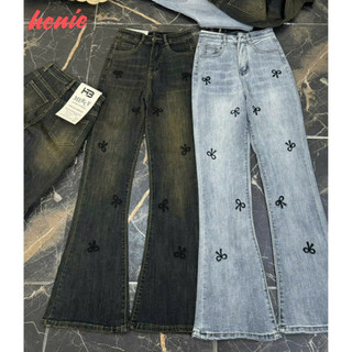 Quần Jeans loe thêu nơ lưng cao hottrend vải co giãn hàng cao cấp