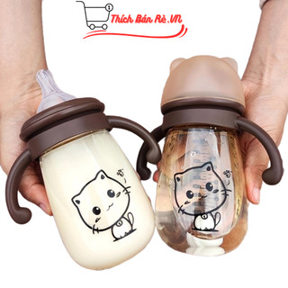 Bình sữa cổ rộng mèo kitty 240/300ml kèm tay cầm và van chống sặc cho bé