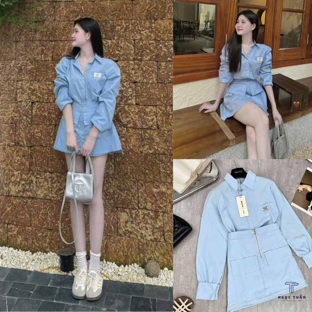 Set Váy Nữ - Set Đồ Nữ Áo Sơ Mi Dài Tay Mix Chân Váy Chữ A Công Sở Xinh Xỉu Ngọc Tuấn Store | BigBuy360 - bigbuy360.vn