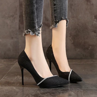 Giày công sở cao gót nhọn 8p/10p kim tuyến đen kết xoàn mảnh chéo chân - BM17 video ảnh thật