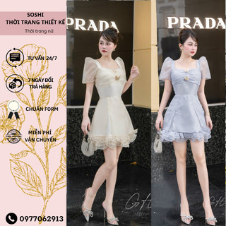 Đầm thiết kế tiểu thư cổ vuông dáng ngắn, Váy dự tiệc chất tafta phối lưới tay bồng gấu váy bèo tiểu thư cao cấp