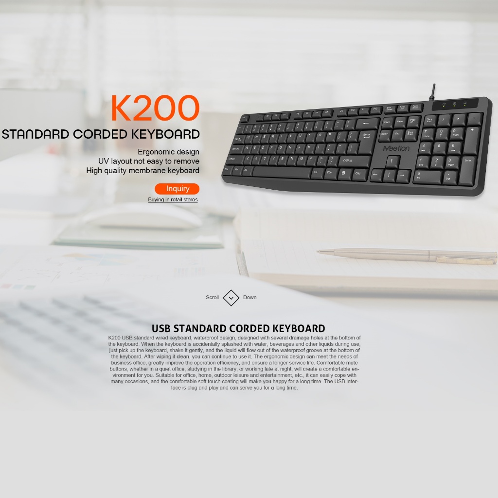 Bàn phím văn phòng chống ồn K200 MeeTion 104 phím thiết kế Ergonomic keycap gia công UV độ bền cao | BigBuy360 - bigbuy360.vn