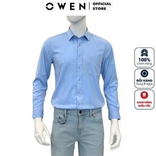 Áo sơ mi nam dài tay OWEN AR240528DT somi công sở cao cấp màu xanh kẻ dọc mờ vải sợi tre dáng suông tà lượn có túi