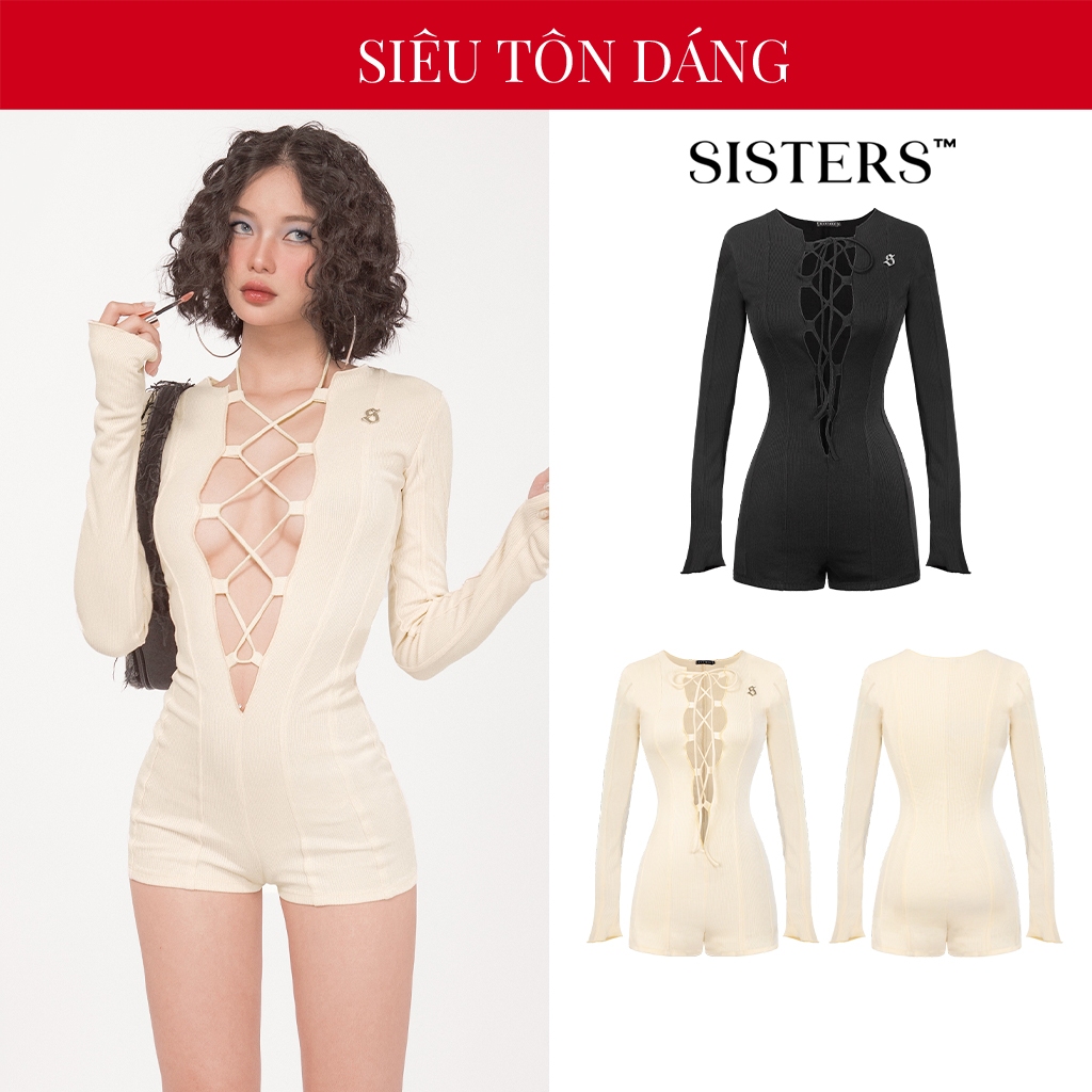 Jumspuit nữ tay dài SISTERS cổ khoét sâu gợi cảm thiết kế đan dây màu đen, kem thun gân mềm mại Sohee SIS-CLUB | SS24-J3