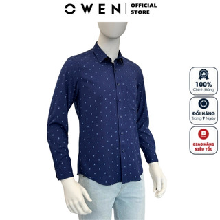 Áo sơ mi nam dài tay OWEN AR240694DT somi công sở cao cấp màu xanh tím than họa tiết vải sợi tre dáng suông tà lượn