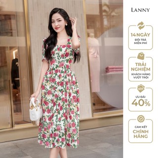 Đầm hoa Lanny họa tiết hoa hồng chiết eo cổ vuông gợi cảm sang chảnh chất voan Hàn đi làm đi chơi VH407