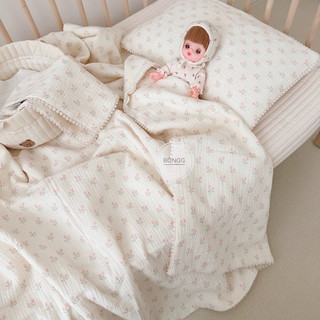 Bộ chăn gối viền ren Hàn Quốc xô muslin 4 lớp hoa tuylip cao cấp cho bé