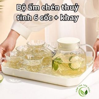 Bộ ấm chén pha trà chất liệu thuỷ tinh cao cấp 6 cốc kèm khay có lọc tiện dụng chịu được nhiệt độ cao