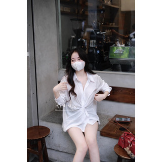 Áo sơmi đũi trắng xoắn eo l1