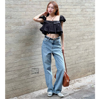 Quần jean bò ống suông denim màu xanh chất jean mềm tôn dáng | jena pants | secodee