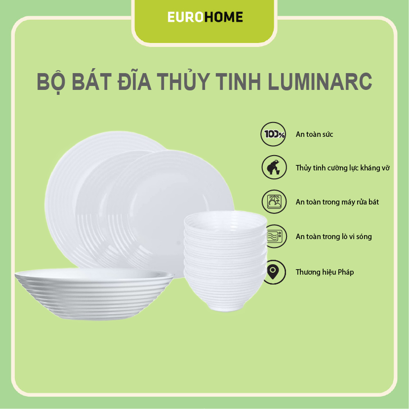 [Chính hãng] Bộ bát đĩa 10 món thủy tinh Luminarc Harena HARENA10A, dùng an toàn trong lò vi sóng và