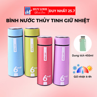 Bình Nước Giữ Nhiệt 6OUP Dung Tích 450ml, Bình thủy tinh có lớp nhựa chống nóng nhiều màu sắc