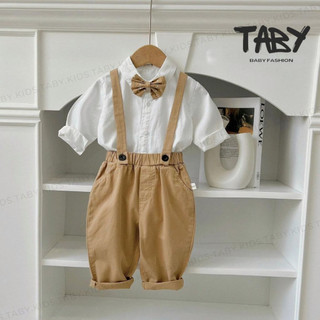  Set gile dài tay gồm áo sơ mi trắng chất liệu thô hàn thấm hút mồ hôi phối cùng quần kaki cho bé từ 9-25kg TA593