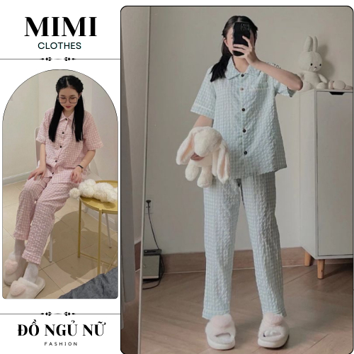 Đồ ngủ nữ pijama bộ mặc nhà cộc tay chất cotton họa tiết caro siêu xinh MIMI CLOTHES xu015